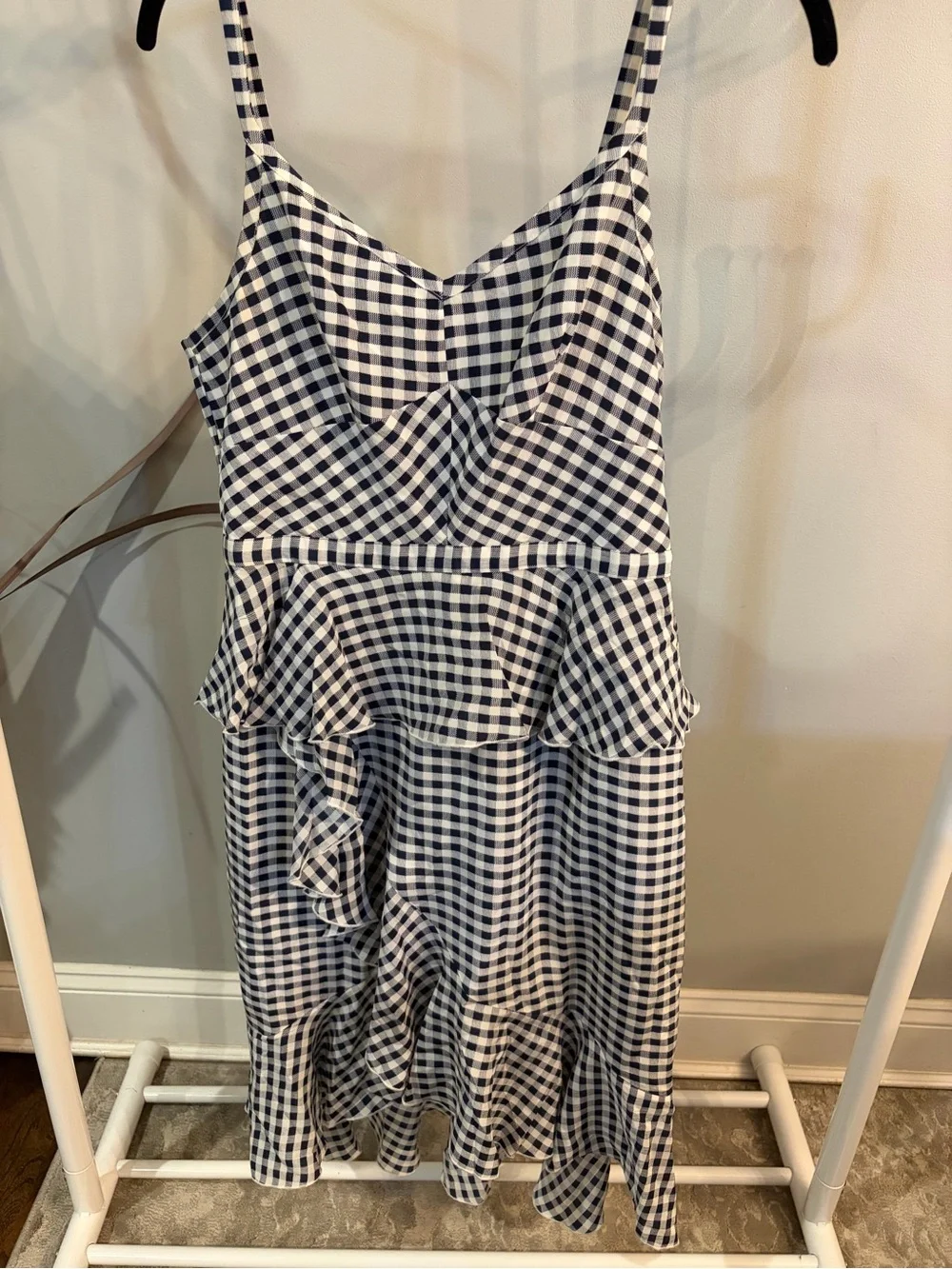 J. Crew Navy and White Gingham Ruffle Midi silk Dress size 6